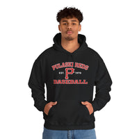 A young man wears a Printify P Reds Baseball Est. 1978 Unisex Hooded Sweatshirt—a black vintage pullover with "Est. 1978" and a bold red "P" logo on the front.