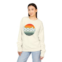 A person wears the Printify 2026 Bode Summer Bootcamp Crewneck Sweatshirt GDH400 with blue jeans, standing against a plain white background.