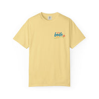 Light yellow BODE Summer Camp T-Shirt 2026 by Printify, unisex Comfort Colors 1717, featuring “Life’s Better Together” and a small hibiscus flower graphic on the left chest.