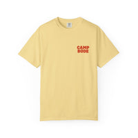 The BODE Summer Camp T-Shirt 2026 "Throwback Sunset" by Printify is a light yellow, garment-dyed unisex tee with "CAMP BODE" in red on the upper left chest, made from Comfort Colors 1717 fabric.