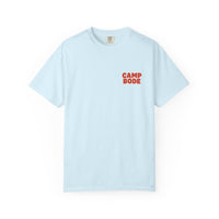 The BODE Summer Camp T-Shirt 2026, by Printify, is a light blue heavyweight Comfort Colors 1717 tee featuring "CAMP BODE" in bold red on the upper left chest.