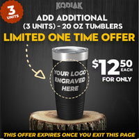 Get your SPECIAL OFFER - 20 oz Tumblers w Logo from Kodiak Coolers! For just $12.50 each, these tumblers are the perfect promotional gift. Don't miss out on this limited-time offer: add an extra 3 units before you exit the page!