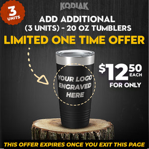Get your SPECIAL OFFER - 20 oz Tumblers w Logo from Kodiak Coolers! For just $12.50 each, these tumblers are the perfect promotional gift. Don't miss out on this limited-time offer: add an extra 3 units before you exit the page!