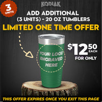 Check out this amazing offer on Kodiak Cooler's SPECIAL OFFER: Add Additional - 20 oz Tumblers with Logo - available for only $12.50 each! These custom engraved tumblers are perfect as personalized mugs for a promotional gift and can feature your logo. Hurry, this deal is valid only while you're on the page!