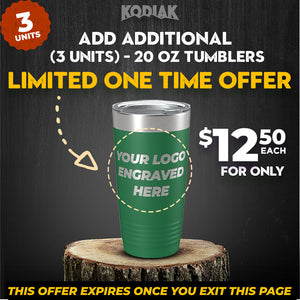 Check out this amazing offer on Kodiak Cooler's SPECIAL OFFER: Add Additional - 20 oz Tumblers with Logo - available for only $12.50 each! These custom engraved tumblers are perfect as personalized mugs for a promotional gift and can feature your logo. Hurry, this deal is valid only while you're on the page!