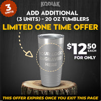 Check out this promotional image from Kodiak Coolers, offering three 20 oz custom engraved tumblers at just $12.50 each. This limited one-time offer is valid only while you're viewing the page and is perfect for promotional gifts or personalized mugs to meet your unique needs.