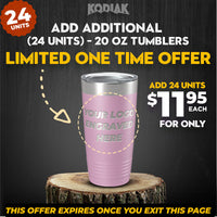 Promotional image for Kodiak Coolers showcasing a limited-time deal on custom engraved 20 oz tumblers. Purchase a set of 24 units for only $11.95 each, with personalized engraving options available. Offer valid until you leave the page—perfect as promotional gifts!