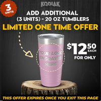 Promotional image for Kodiak Coolers' SPECIAL OFFER: Add Additional - 20 oz Tumblers w Logo - for Only $12.50 Each ($11.95 Each / For 24 Pack!). Offer includes three tumblers for $12.50 each, limited time only. Perfect as a Promotional Gift! Background is black with yellow and white text.