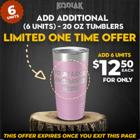 Promotional graphic featuring a limited-time deal from Kodiak Coolers: Add six custom engraved 20 oz tumblers with logo for only $12.50 each. Act fast—this special offer expires once you leave the page!