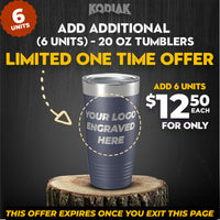 A promotional image offers a limited-time deal: purchase six 20-ounce Kodiak Coolers custom engraved tumblers for $12.50 each, with the option to engrave a logo on them. This perfect promotional gift expires when you exit the page.