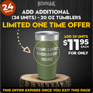 Promotional image offering a SPECIAL OFFER: 24 units of Kodiak Coolers' custom engraved 20 oz tumblers for only $11.95 each, perfect as a promotional gift. Option to engrave your logo available. Limited time offer ends when the page is exited.