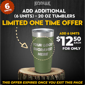 Promotion for Kodiak Coolers' SPECIAL OFFER: Add Additional 20 oz Tumblers with Logo, available for a limited time at just $12.50 each when you purchase 6 units. Perfect as a promotional gift! Customize with your logo for an exclusive touch. Offer expires upon exiting the page.
