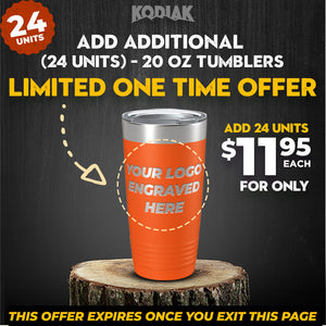 Don't miss our special offer: Get Kodiak Coolers' 20 oz Tumblers with custom logos for only $12.50 each, or just $11.95 each when you buy in a pack of 24. Ideal as promotional gifts, this limited-time deal won't last long!