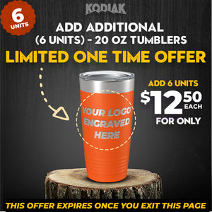 Promotion image featuring Kodiak Coolers' SPECIAL OFFER: Add Additional 20 oz Tumblers with Logo for only $12.50 each ($11.95 each for a 24-pack). Get 6 extra custom engraved tumblers perfect as promotional gifts. Hurry, the offer is limited and expires once you leave the page!
