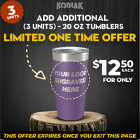 Advertisement: Take advantage of Kodiak Coolers' special offer on 20 oz tumblers with a customizable logo for just $12.50 each! Get three units and create the perfect promotional gift or personalized mug collection. Hurry, this limited-time offer expires once you exit the page!