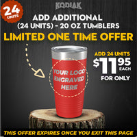 Promotional ad: Don't miss out on Kodiak Coolers' SPECIAL OFFER! Get 24 units of our stunning 20 oz personalized tumblers for just $11.95 each. Perfect as a promotional gift, these custom engraved tumblers can feature your logo. Hurry, this limited-time offer expires once you leave the page!