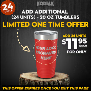 Promotional ad: Don't miss out on Kodiak Coolers' SPECIAL OFFER! Get 24 units of our stunning 20 oz personalized tumblers for just $11.95 each. Perfect as a promotional gift, these custom engraved tumblers can feature your logo. Hurry, this limited-time offer expires once you leave the page!
