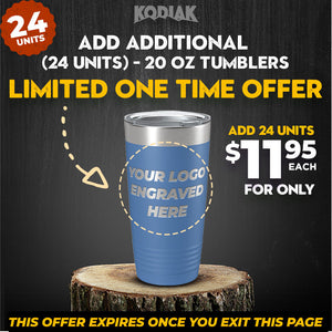 Get 24 Kodiak Coolers 20 oz tumblers with custom logo engraving for just $11.95 each! Perfect as a promotional gift, these personalized mugs make any event special. Hurry, this exclusive offer expires once you exit the page!