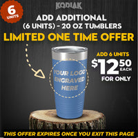 Don't miss out on the special offer from Kodiak Coolers—grab your 20 oz tumblers for only $12.50 each! Ideal as a promotional gift, they come with an option to add customizable logo engraving for orders of 6 units. Hurry, this limited-time offer is available only while you're on the page!