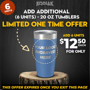 Don't miss out on the special offer from Kodiak Coolers—grab your 20 oz tumblers for only $12.50 each! Ideal as a promotional gift, they come with an option to add customizable logo engraving for orders of 6 units. Hurry, this limited-time offer is available only while you're on the page!