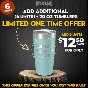 Promotional image for Kodiak Coolers' SPECIAL OFFER: Add Additional - 20 oz Tumblers with customizable logos for only $12.50 each. The background highlights a limited one-time offer, making it the perfect promotional gift!