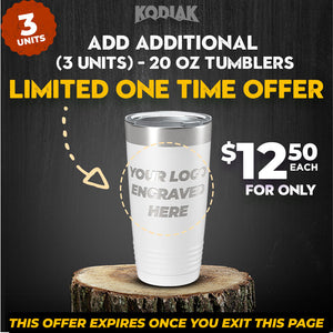 Promotional graphic for Kodiak Coolers' 20 oz tumblers, now available as personalized mugs with custom engraving options, offered at $12.50 each for a limited time.