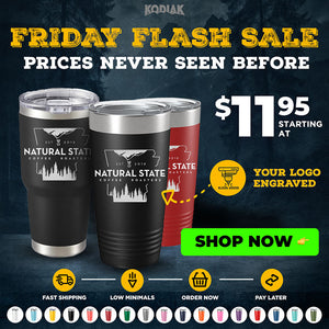 Kodiak Coolers Custom Tumblers—engrave your logo or design with no setup fees! Friday flash sale from $11.95 each. $200 minimal order. Ideal for branded gifts, events, or personalized mugs from Natural State Coffee Roasters.