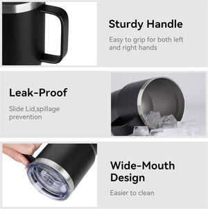 Composite image featuring a black Kodiak Coolers custom tumbler from the Throwback Thursday Sale ($12.50), with sturdy handle, wide-mouth design, free spillproof slider lid & straw; each feature is highlighted with descriptive text.