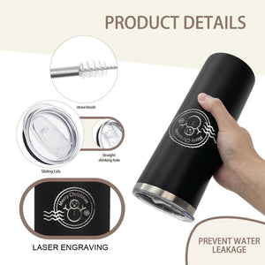 A hand holds a Kodiak Coolers Black Friday Sale tumbler, custom engraved with your logo—no setup fee. Insets display the straw brush, sliding lid, straight drinking hole, and laser engraving detail. Leak prevention is highlighted.