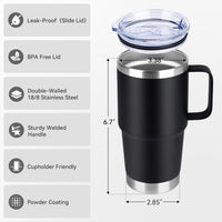 The Kodiak Coolers black stainless steel travel mug features a handle, clear slide lid, leak-proof BPA-free double-walled design, and cupholder-friendly size. Perfect for custom logo mugs—engraving included with no setup fee; $250 minimum order, Veterans Day Sale!.