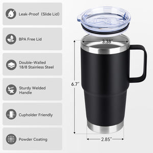 The Kodiak Coolers black stainless steel travel mug features a handle, clear slide lid, leak-proof BPA-free double-walled design, and cupholder-friendly size. Perfect for custom logo mugs—engraving included with no setup fee; $250 minimum order, Veterans Day Sale!.