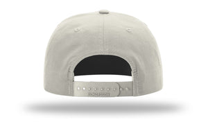 Back view of a gray Richardson 256 Umpqua Rope Snapback Cap with an adjustable strap featuring multiple snap holes, UPF 50+ protection, and the brand name "Richardson" imprinted on it.