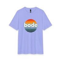 The 2026 Bode Summer Bootcamp - Cali Sunset T-Shirt by Printify is a light purple tri-blend tee with a circular sunset graphic and "bode SUMMER CAMP" printed in green and white.