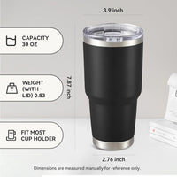 A black 30 oz Kodiak Coolers tumbler is shown upright with a clear slider lid and straw, measuring 7.87" tall, 3.9" wide, and weighing 0.83 lbs—fits most cup holders; perfect for custom engraving logos or designs with no setup fees.
