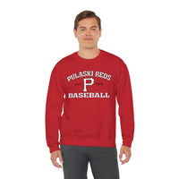 A man wearing a Printify P Reds Baseball Est. 1978 Unisex Heavy Blend™ Crewneck Sweatshirt faces forward against a plain white background, highlighting the classic vintage style of this cozy crewneck.