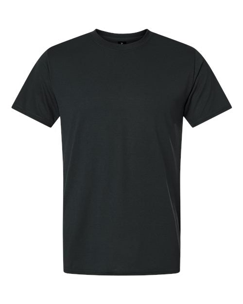 The designerapp Gildan Premium Performance Polyester T-Shirt 42000 - EXAMPLE is a plain black short-sleeve crew neck tee with moisture-wicking properties, shown on a white background.
