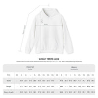 Pulaski Reds Baseball Est. 1978 Unisex Heavy Blend™ Hoodie by Printify features drawn measurement lines for width, length, and sleeve; size chart (XS–5XL) shows Gildan 18500 specs in inches/cm—ideal vintage pullover for fans.