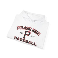 The Printify P Reds Baseball Est. 1978 Unisex Heavy Blend™ Hoodie features a bold red and black "P" and vintage lettering on the front—ideal for fans of classic baseball sweatshirts.