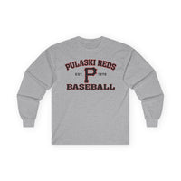 The Printify P Reds Baseball Est. 1978 Unisex Ultra Cotton Long Sleeve Tee features a classic fit in gray with "Pulaski Reds Baseball Est. 1978" and a bold maroon and black "P"—ideal for any hometown baseball fan.