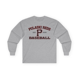The Printify P Reds Baseball Est. 1978 Unisex Ultra Cotton Long Sleeve Tee features a classic fit in gray with "Pulaski Reds Baseball Est. 1978" and a bold maroon and black "P"—ideal for any hometown baseball fan.