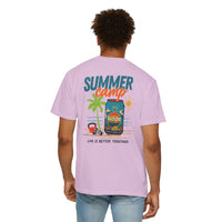 Someone wears the Printify BODE Summer Camp T-Shirt 2026, a lavender Comfort Colors tee featuring summer camp graphics and "SUMMER camp" plus "LIFE IS BETTER TOGETHER" on the back.