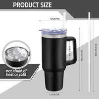 The NEW BLACK PRODUCTS! Custom Engraved Drinkware by Kodiak Coolers is shown: black insulated tumbler with handle, clear lid, straw; size 10cm wide, 30.5cm tall, 7.5cm base. Heat/cold resistant—perfect for custom logo mugs or promo gifts. No setup fee.