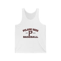 The Printify P Reds Baseball Est. 1978 - Unisex Jersey Tank Volume features a bold red and black "P" with "Est. 1978" on a white vintage-inspired design—perfect for fans seeking classic baseball style in a lightweight jersey tank.