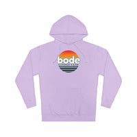 The Printify 2026 Bode Summer Bootcamp — Cali Sunset Hoodie Sweatshirt (SS4500) is a lavender cotton-poly fleece hoodie with a retro "bode summer camp" logo and sunset graphic on the chest plus an adjustable hood.