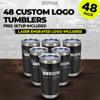 Six Kodiak Coolers 20 oz black tumblers with clear lids showcase the SPECIAL OFFER: Add Additional - Tumblers w Logo ($12.99 Each / For 48 Pack!)—great promotional gifts with free setup and custom laser engraved logo included.