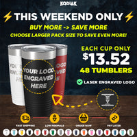 Three Kodiak Coolers Custom Tumblers 20 oz with engraved logos are displayed, highlighting a weekend sale: 48+ bulk tumblers at $13.52 each. Icons show fast shipping, low minimums, and easy online ordering.