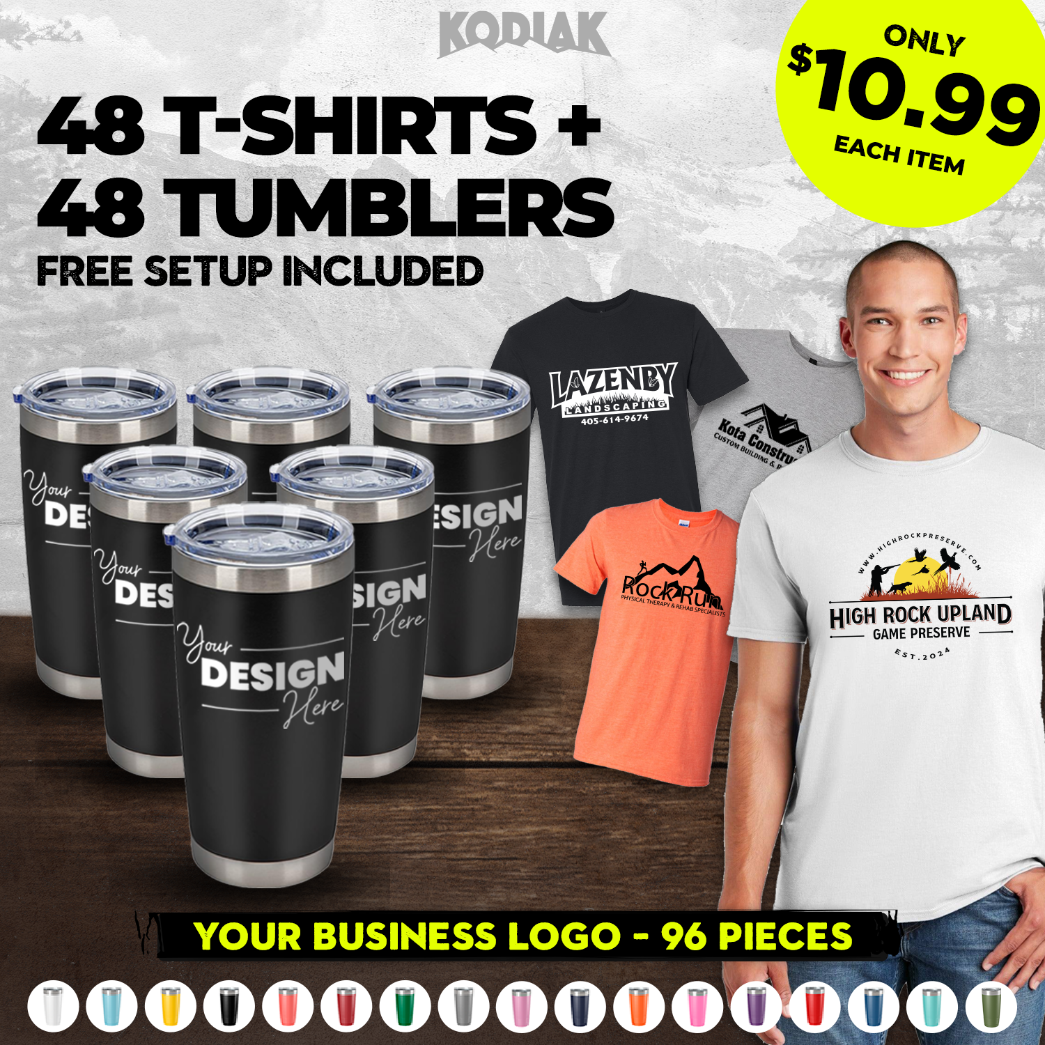 Ad displays a pack of 48 Gildan Heavy 100% Cotton Custom T-Shirts (Gildan 5000) with your screen printed logo for $10.99 each, free setup included. A smiling person wears a sample tee showcasing your company branding.