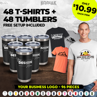 Ad displays a pack of 48 Gildan Heavy 100% Cotton Custom T-Shirts (Gildan 5000) with your screen printed logo for $10.99 each, free setup included. A smiling person wears a sample tee showcasing your company branding.