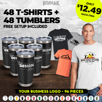 Promotional offer: Get 48 Gildan Heavy 100% Cotton Custom T-Shirts (Gildan 5000) with your logo, plus 48 tumblers. Includes a man wearing a logo tee. Priced at $12.49 each.