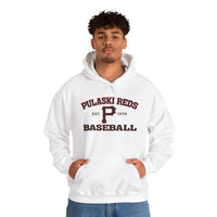 Someone wears a Printify P Reds Baseball Est. 1978 Unisex Heavy Blend™ Hooded Sweatshirt—a vintage-style white pullover with “P Reds Baseball Est. 1978” and a bold “P” on the front, made from a cotton-poly blend.
